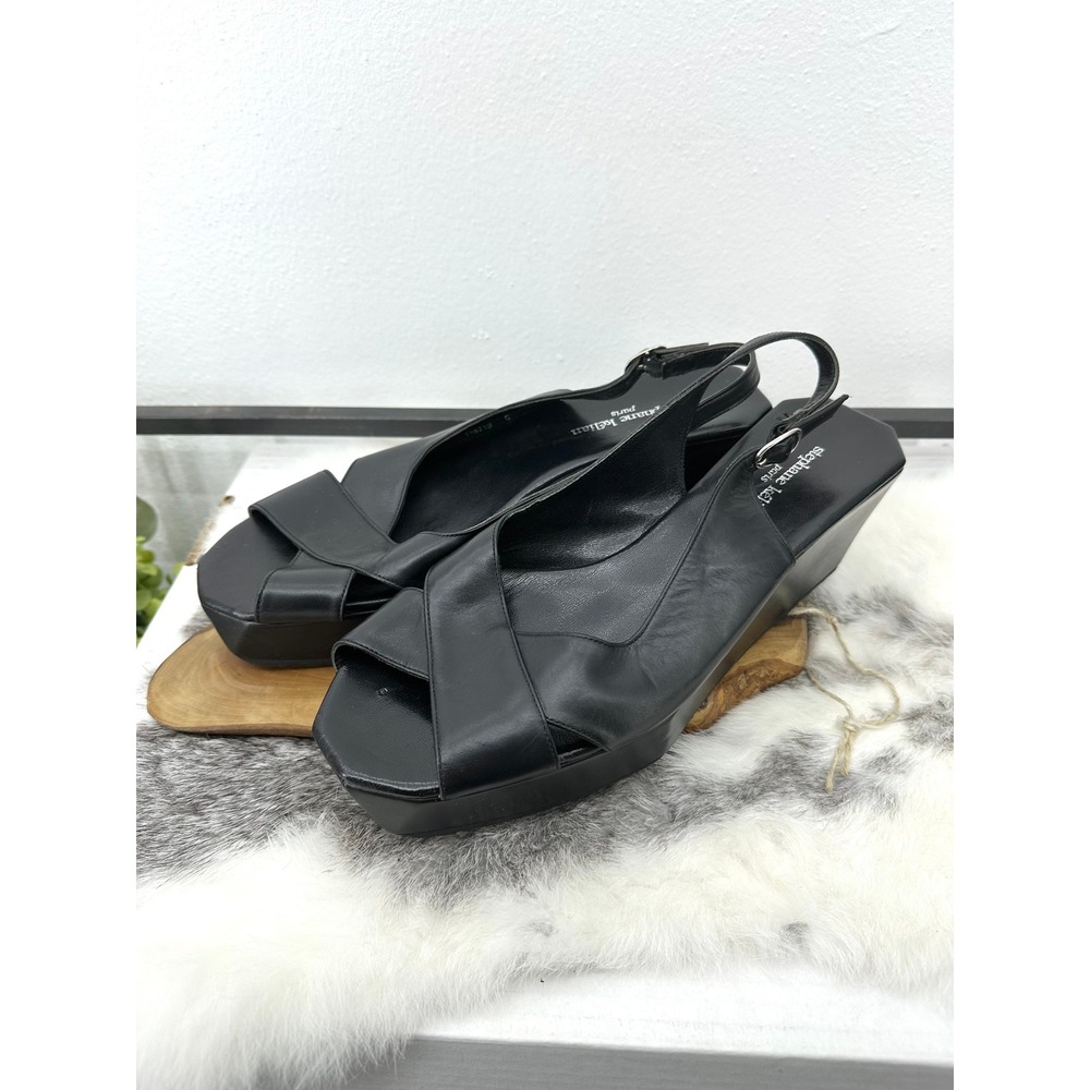 Stephane Kelian Paris black leather slingback sandals 6 crisscross squared y2k